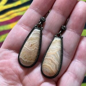 VTG Soviet 875 Silver Large Ural Agate Natural Stone Pierced Earrings